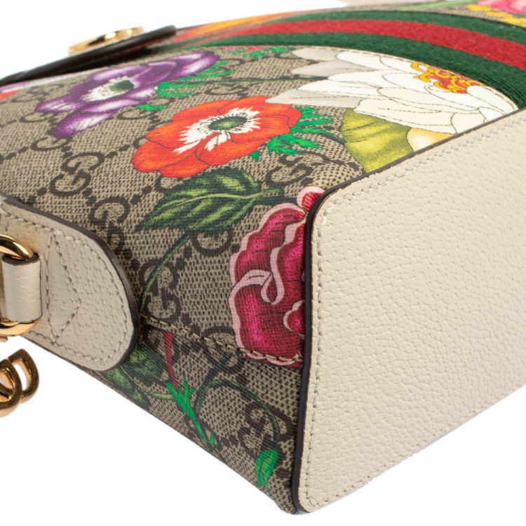 Pre Owned Gucci Beige/Off White Flora GG Supreme Canvas and Leather Small Ophidia Crossbody Bag