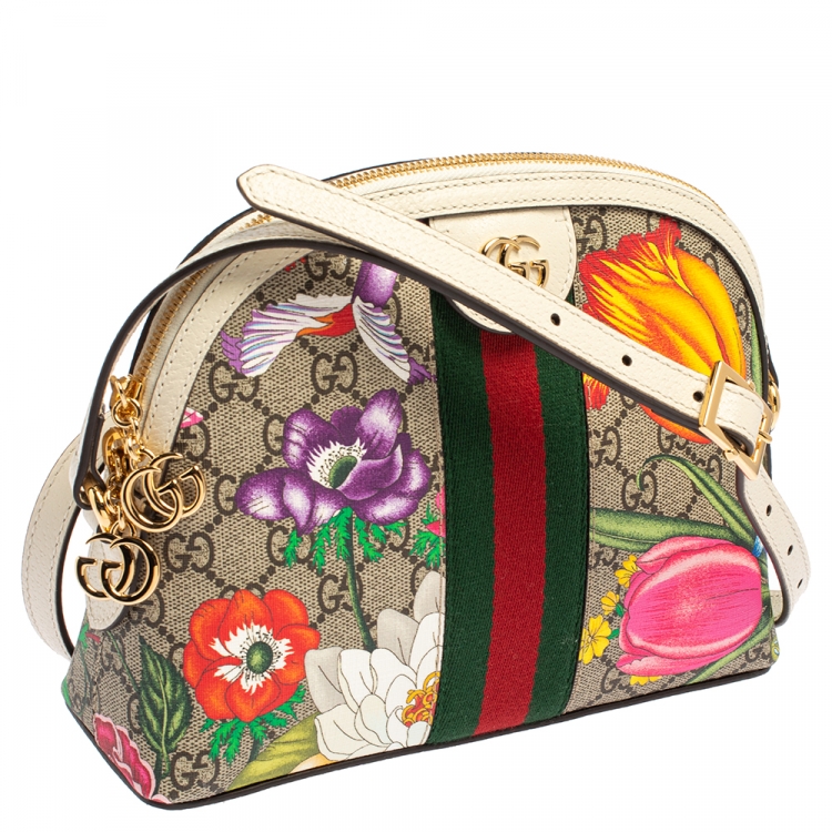Pre Owned Gucci Beige/Off White Flora GG Supreme Canvas and Leather Small Ophidia Crossbody Bag
