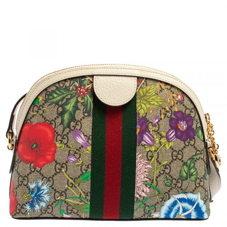 Pre Owned Gucci Beige/Off White Flora GG Supreme Canvas and Leather Small Ophidia Crossbody Bag