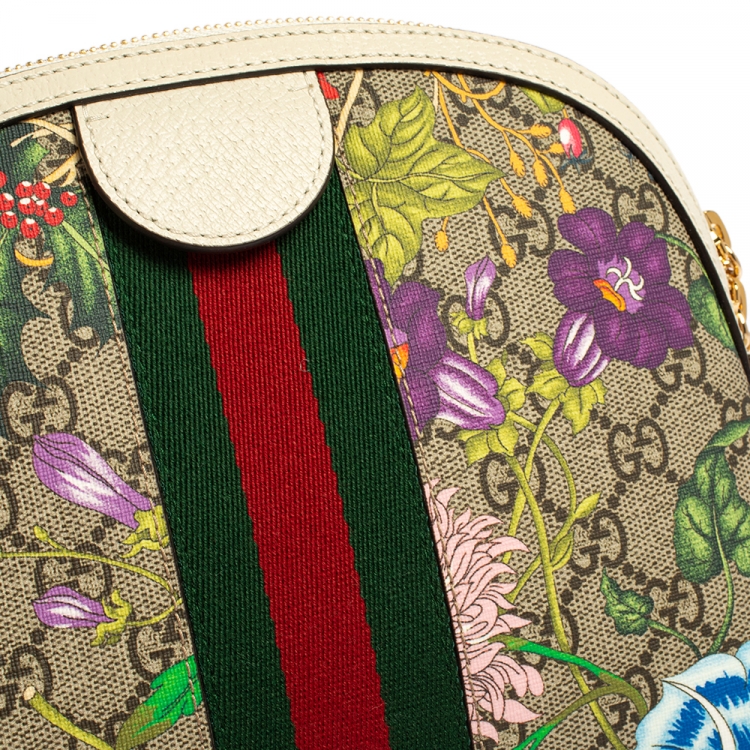 Pre Owned Gucci Beige/Off White Flora GG Supreme Canvas and Leather Small Ophidia Crossbody Bag