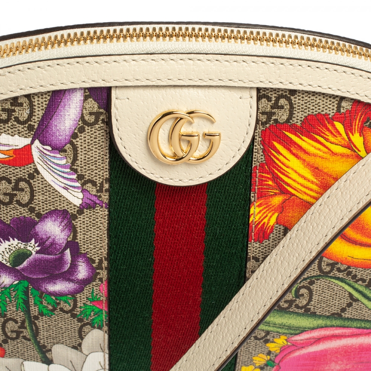Pre Owned Gucci Beige/Off White Flora GG Supreme Canvas and Leather Small Ophidia Crossbody Bag