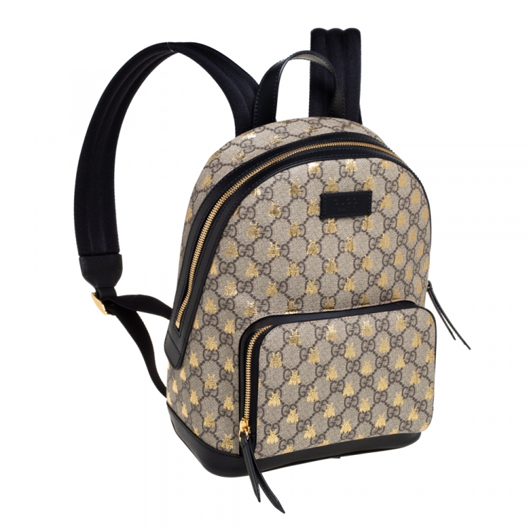 Pre Owned Gucci Beige/Black GG Supreme Canvas and Leather Bees Backpack