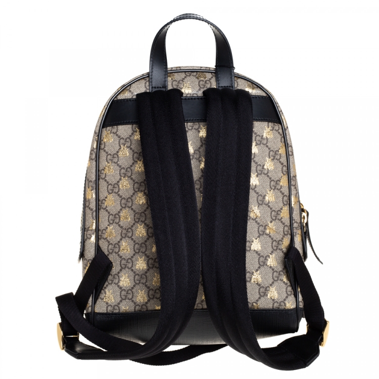 Pre Owned Gucci Beige/Black GG Supreme Canvas and Leather Bees Backpack