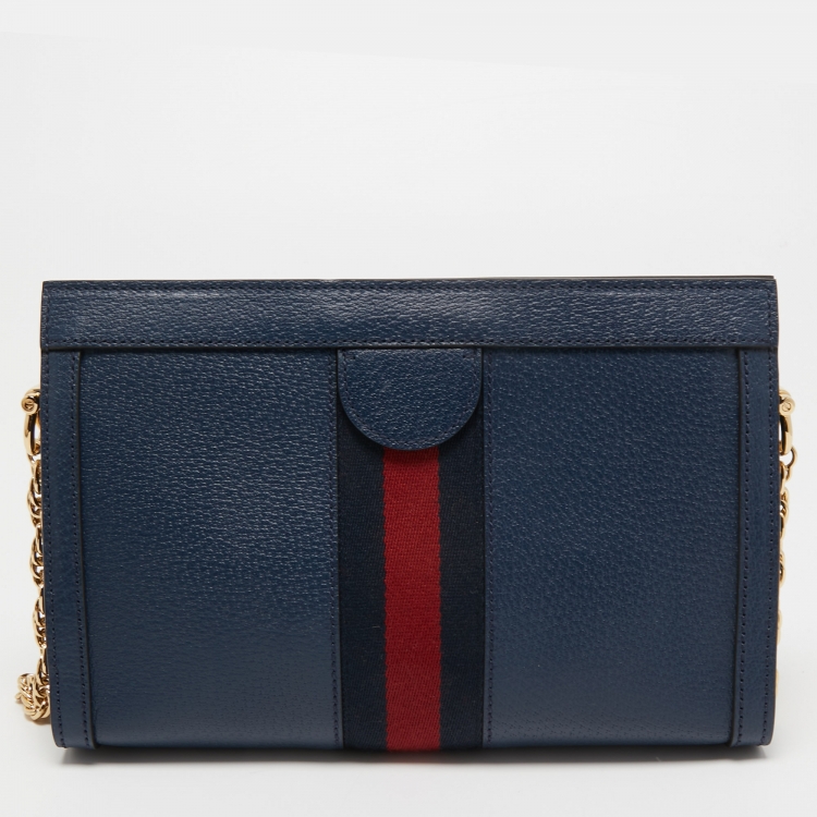 Pre Owned Gucci Blue Leather Small Ophidia Web Shoulder Bag