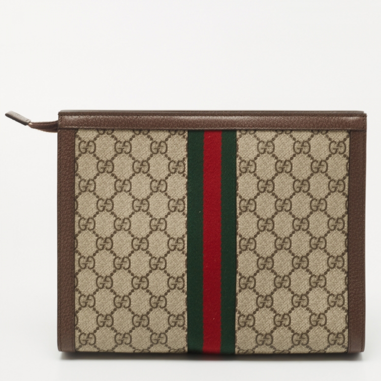 Pre Owned Gucci Beige/Brown GG Supreme Canvas and Leather Ophidia Pouch