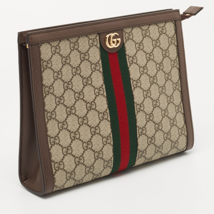 Pre Owned Gucci Beige/Brown GG Supreme Canvas and Leather Ophidia Pouch
