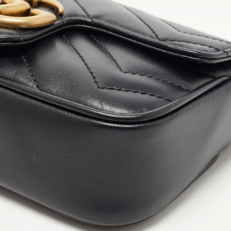 Pre Owned Gucci Black Matelassé Leather Super Mini GG Marmont Shoulder Bag