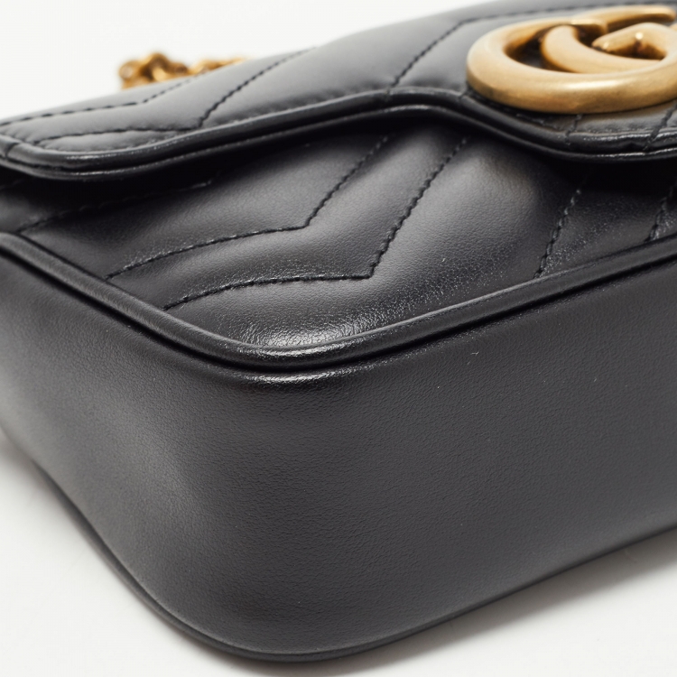 Pre Owned Gucci Black Matelassé Leather Super Mini GG Marmont Shoulder Bag