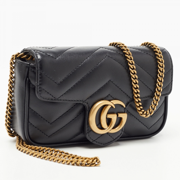 Pre Owned Gucci Black Matelassé Leather Super Mini GG Marmont Shoulder Bag