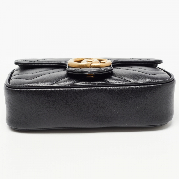 Pre Owned Gucci Black Matelassé Leather Super Mini GG Marmont Shoulder Bag