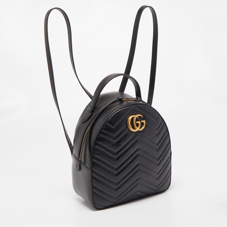 Pre Owned Gucci Black Matelassé Leather GG Marmont Backpack