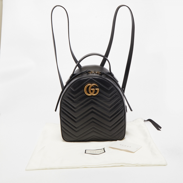 Pre Owned Gucci Black Matelassé Leather GG Marmont Backpack