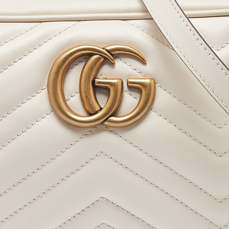Pre Owned Gucci Off White Matelassé Leather Small GG Marmont Shoulder Bag