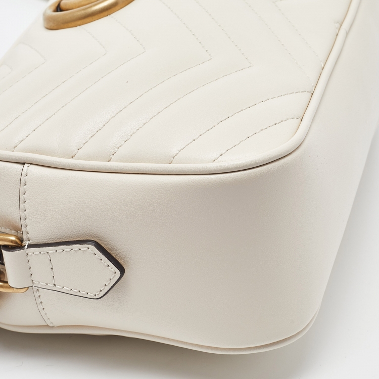 Pre Owned Gucci Off White Matelassé Leather Small GG Marmont Shoulder Bag