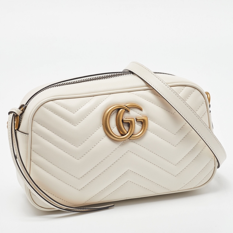 Pre Owned Gucci Off White Matelassé Leather Small GG Marmont Shoulder Bag