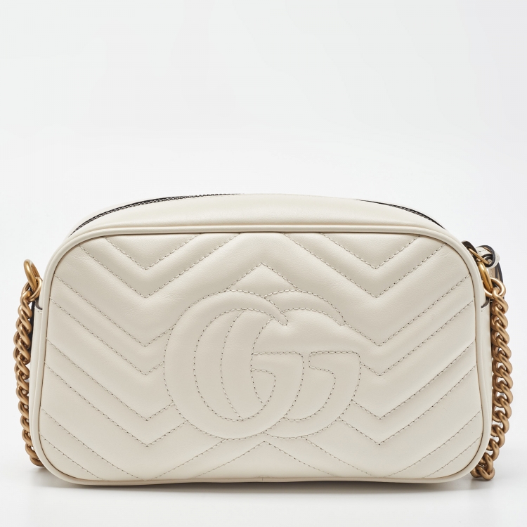 Pre Owned Gucci Off White Matelassé Leather Small GG Marmont Shoulder Bag