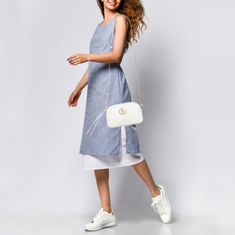 Pre Owned Gucci Off White Matelassé Leather Small GG Marmont Shoulder Bag