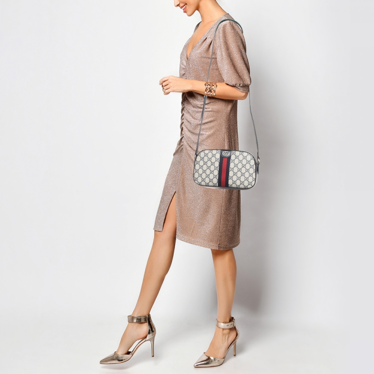 Pre Owned Gucci Beige/Navy Blue GG Supreme Canvas and Leather Ophidia Crossbody Bag