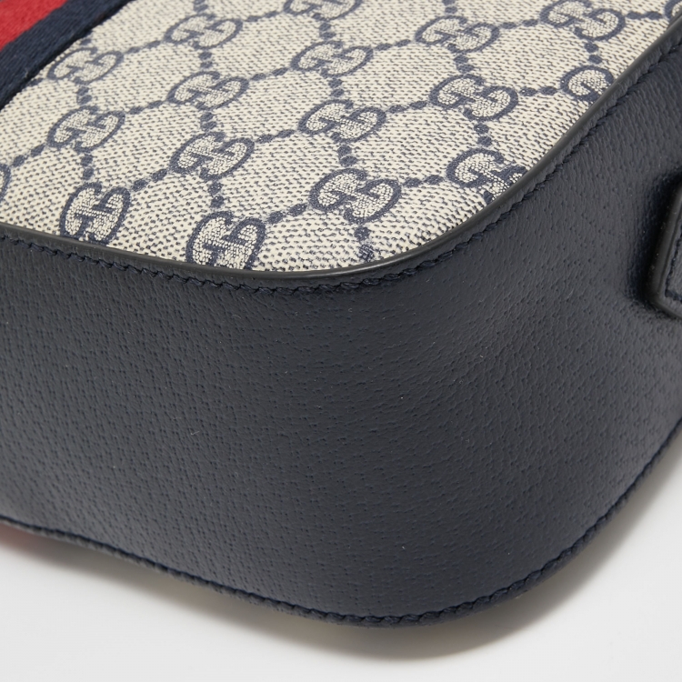 Pre Owned Gucci Beige/Navy Blue GG Supreme Canvas and Leather Ophidia Crossbody Bag