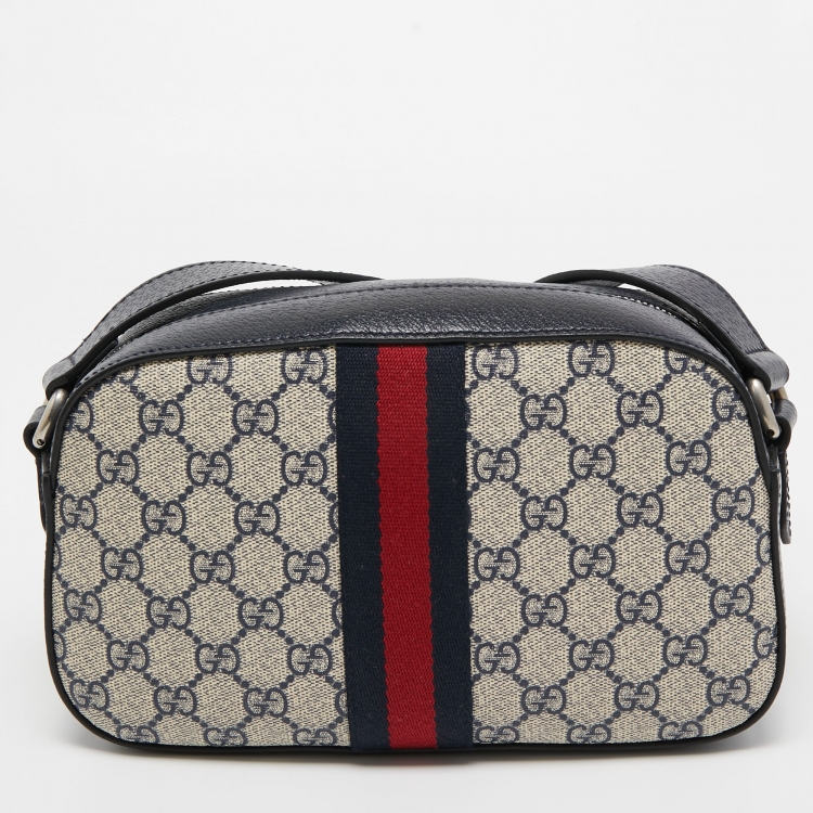 Pre Owned Gucci Beige/Navy Blue GG Supreme Canvas and Leather Ophidia Crossbody Bag