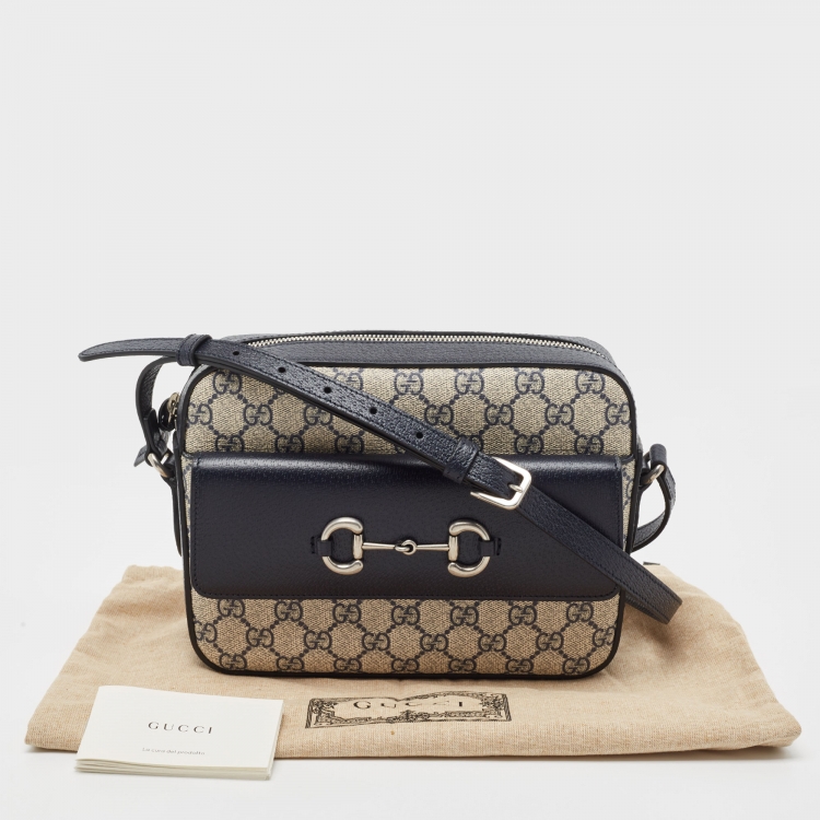 Pre Owned Gucci Navy Blue/Beige GG Supreme and Leather Horsebit 1955 Shoulder Bag