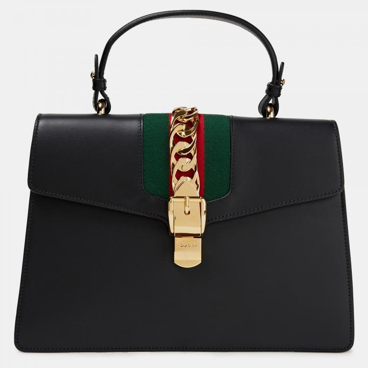 Pre Owned Gucci Black Leather Mini Web Chain Sylvie Top Handle Bag