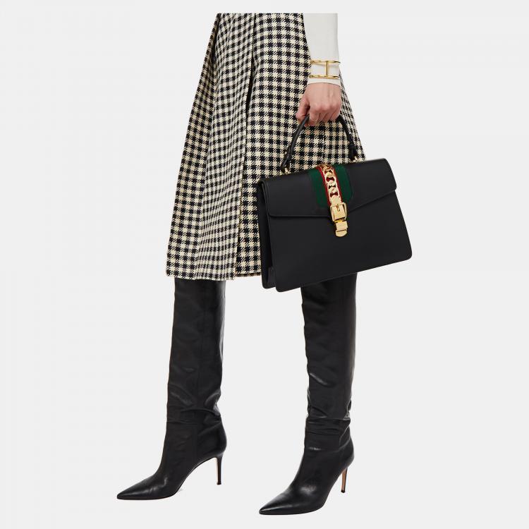 Pre Owned Gucci Black Leather Mini Web Chain Sylvie Top Handle Bag