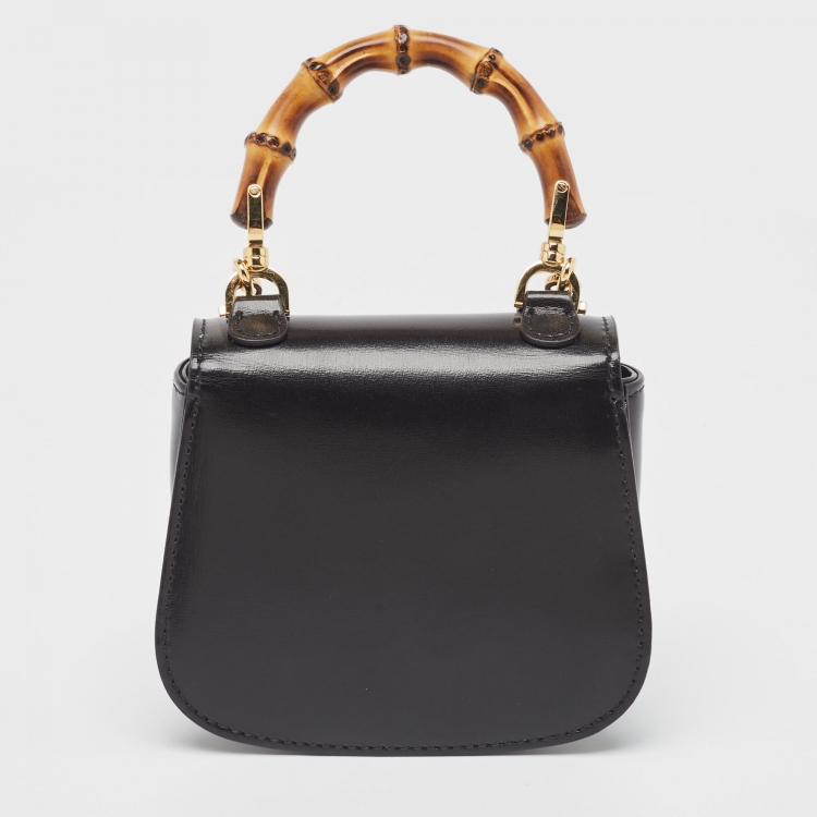 Pre Owned Gucci Black Leather Super Mini 1947 Bamboo Top Handle Bag