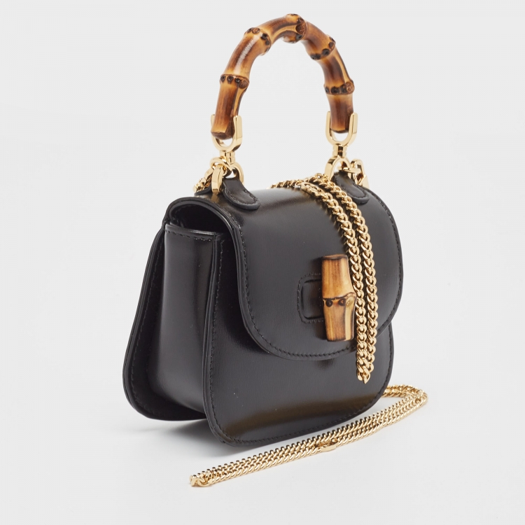 Pre Owned Gucci Black Leather Super Mini 1947 Bamboo Top Handle Bag
