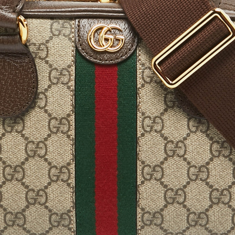 Pre Owned Gucci Brown/Beige GG Canvas and Leather Medium Ophidia Satchel