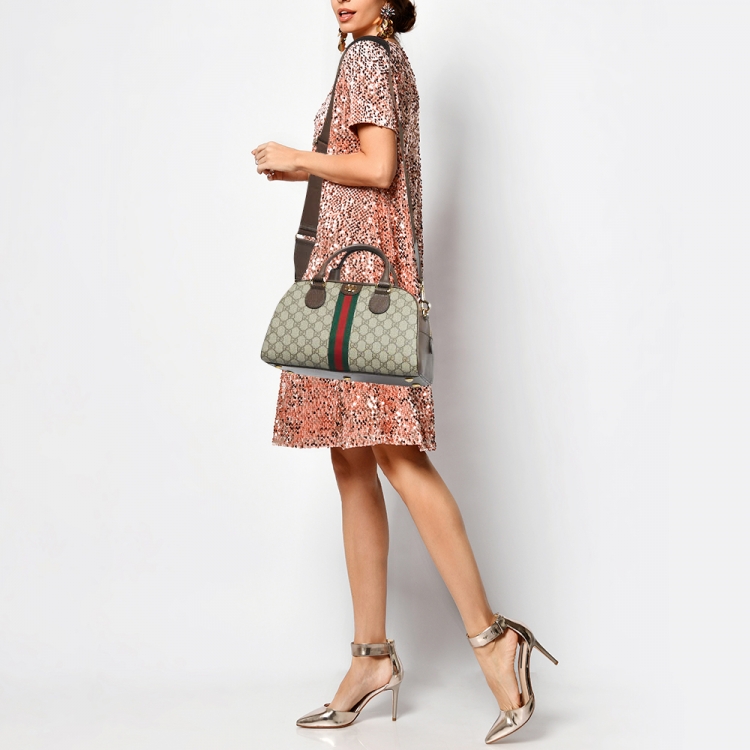 Pre Owned Gucci Brown/Beige GG Canvas and Leather Medium Ophidia Satchel