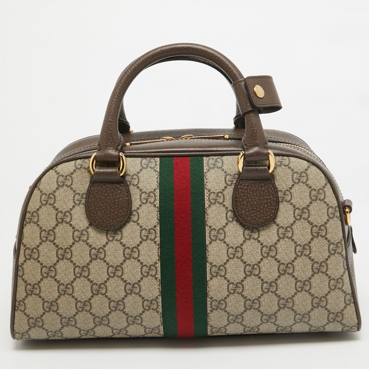 Pre Owned Gucci Brown/Beige GG Canvas and Leather Medium Ophidia Satchel