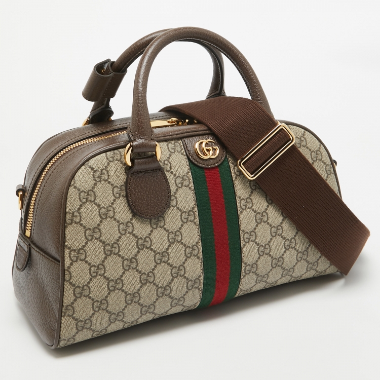 Pre Owned Gucci Brown/Beige GG Canvas and Leather Medium Ophidia Satchel