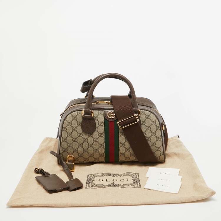 Pre Owned Gucci Brown/Beige GG Canvas and Leather Medium Ophidia Satchel