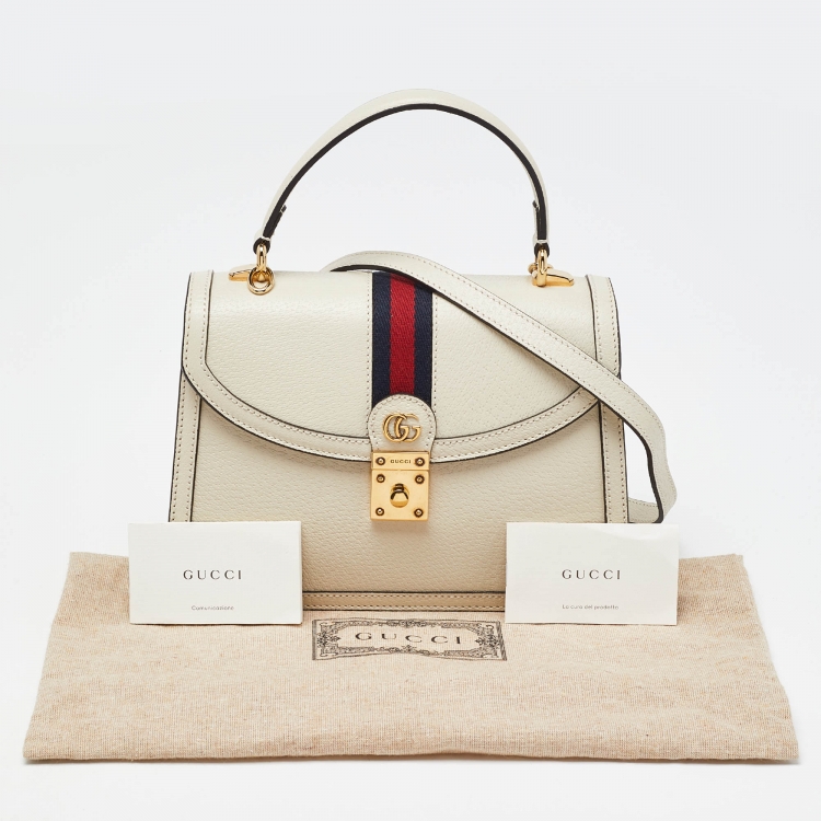 Pre Owned Gucci Cream Leather Small Ophidia GG Web Top Handle Bag