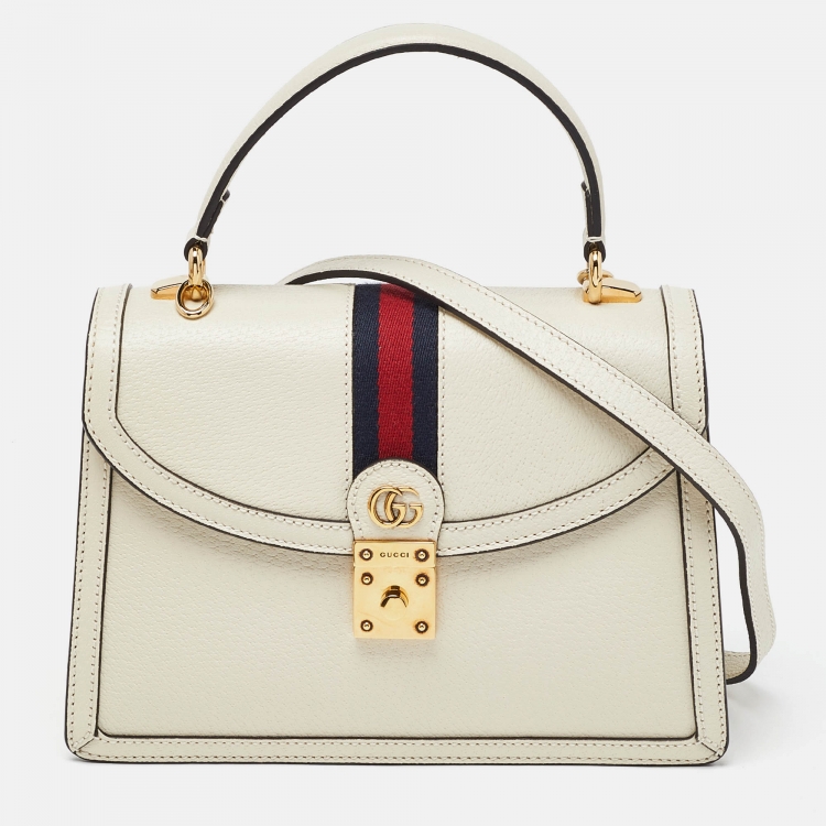 Pre Owned Gucci Cream Leather Small Ophidia GG Web Top Handle Bag
