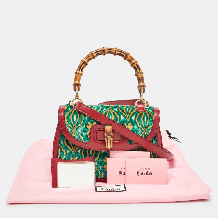 Pre Owned Gucci Garden Multicolor Velvet and Leather Bamboo 1947 Top Handle Bag