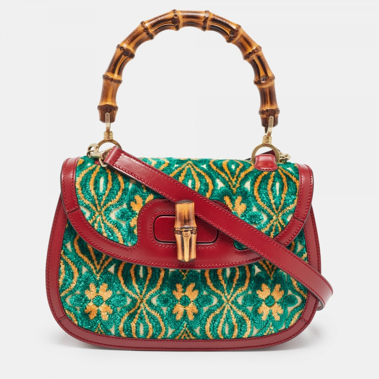 Pre Owned Gucci Garden Multicolor Velvet and Leather Bamboo 1947 Top Handle Bag