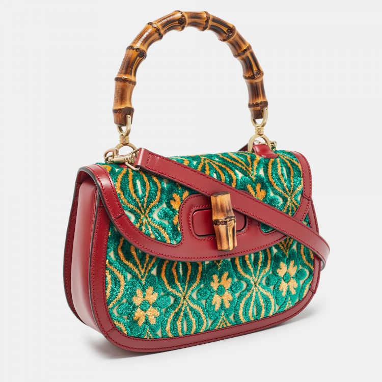 Pre Owned Gucci Garden Multicolor Velvet and Leather Bamboo 1947 Top Handle Bag