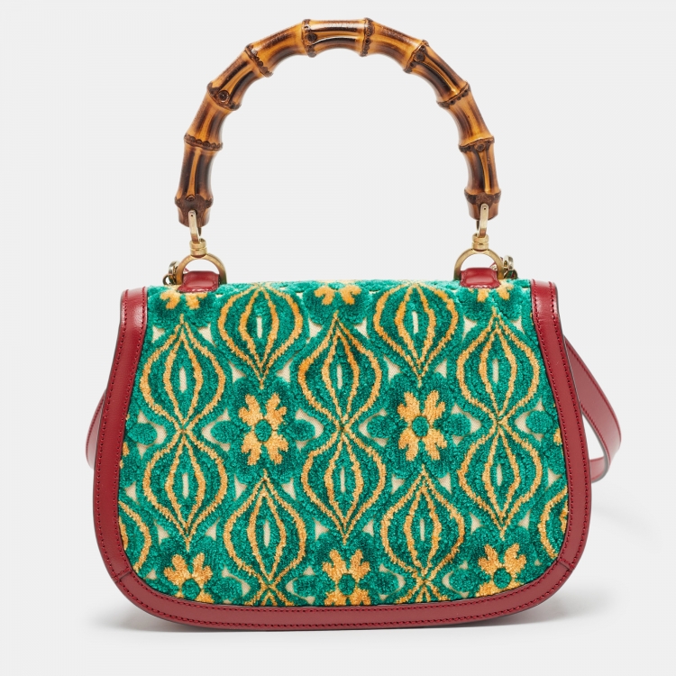 Pre Owned Gucci Garden Multicolor Velvet and Leather Bamboo 1947 Top Handle Bag