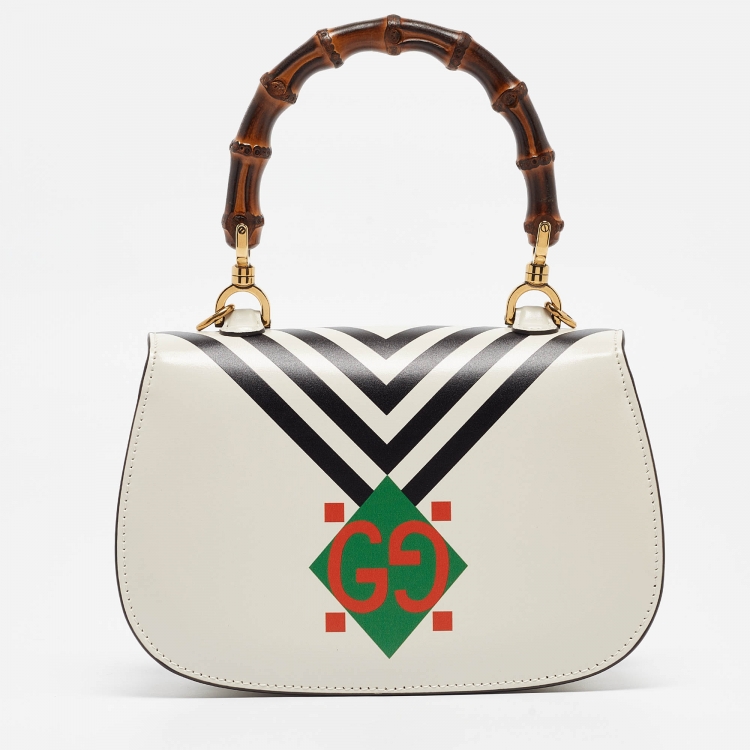 Pre Owned Gucci Off White Leather Small Geometric Print Bamboo 1947 Top Handle Bag
