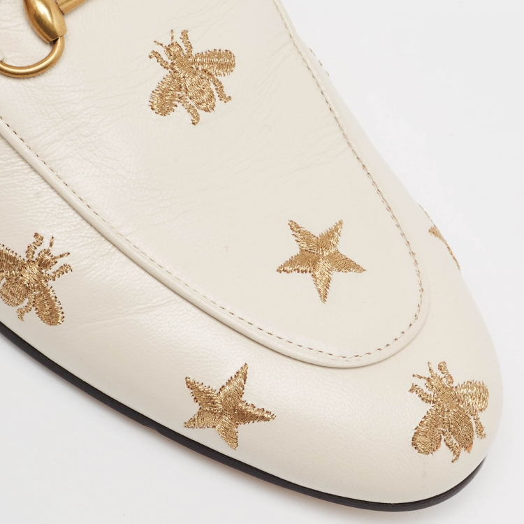 Pre Owned Gucci Off White Leather Bee and Star Embroidered Princetown Flat Mules Size 39