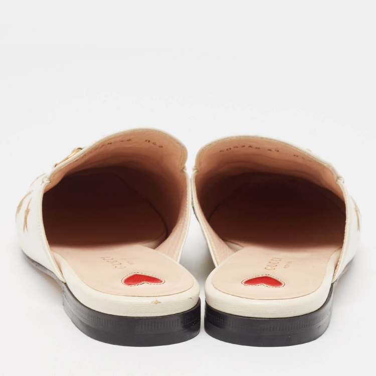 Pre Owned Gucci Off White Leather Bee and Star Embroidered Princetown Flat Mules Size 39