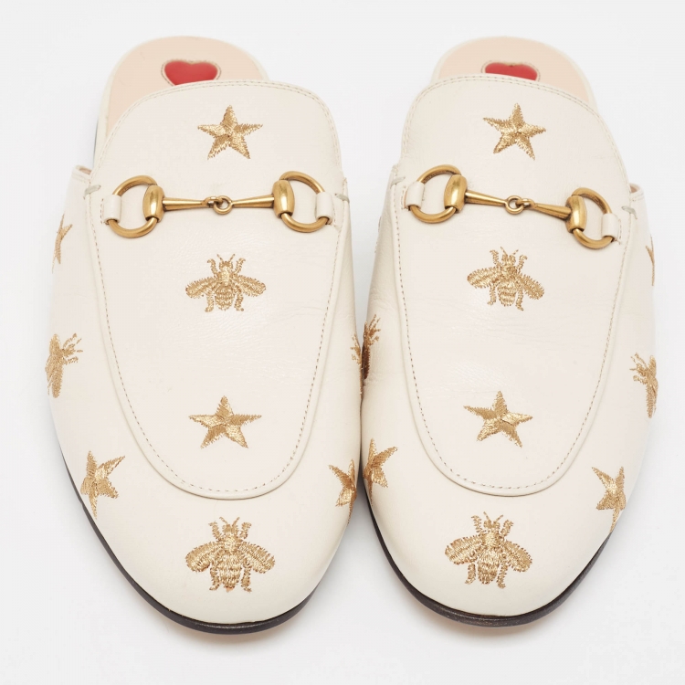 Pre Owned Gucci Off White Leather Bee and Star Embroidered Princetown Flat Mules Size 39
