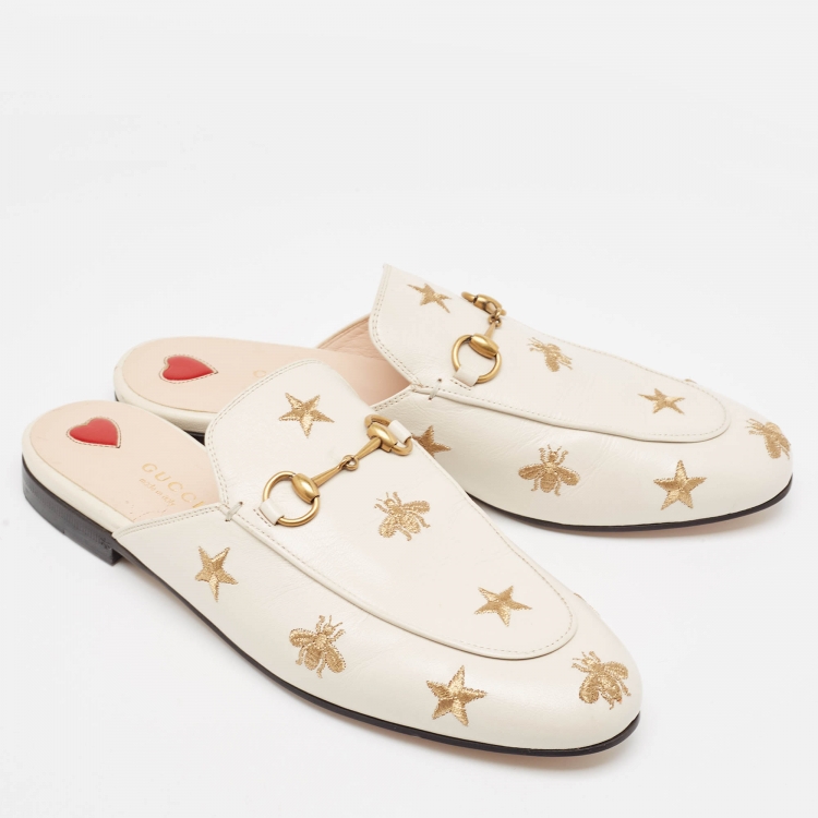 Pre Owned Gucci Off White Leather Bee and Star Embroidered Princetown Flat Mules Size 39