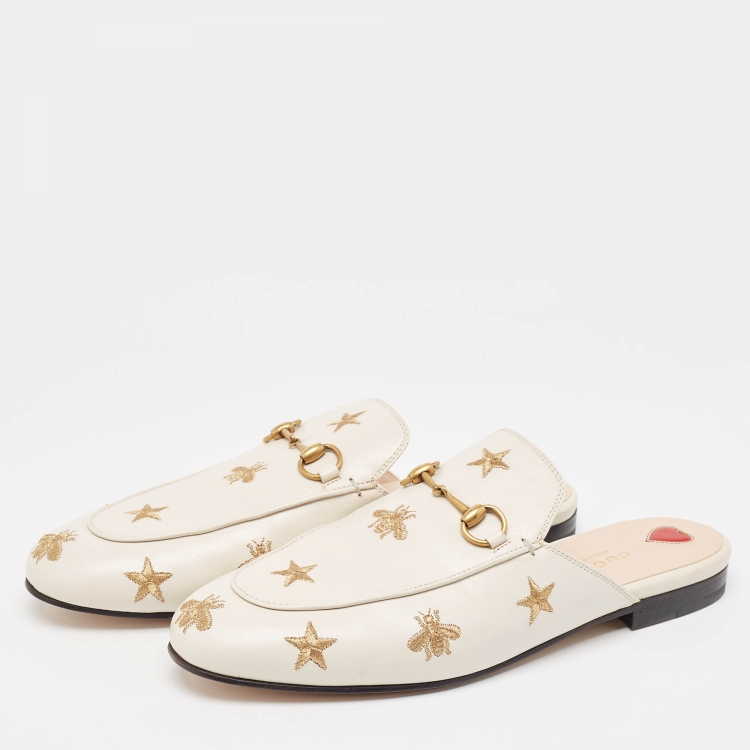 Pre Owned Gucci Off White Leather Bee and Star Embroidered Princetown Flat Mules Size 39