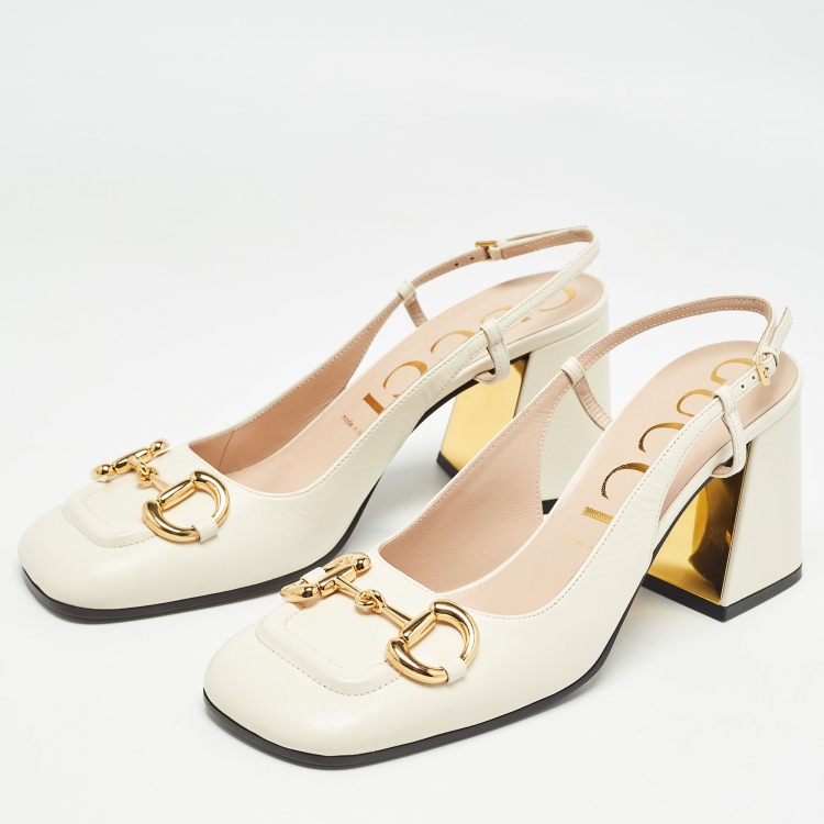 مملوكة مسبقًا Gucci Cream Leather Horsebit Slingback Pumps Size 40