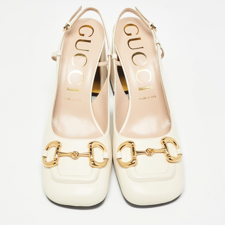 مملوكة مسبقًا Gucci Cream Leather Horsebit Slingback Pumps Size 40