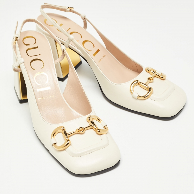 مملوكة مسبقًا Gucci Cream Leather Horsebit Slingback Pumps Size 40