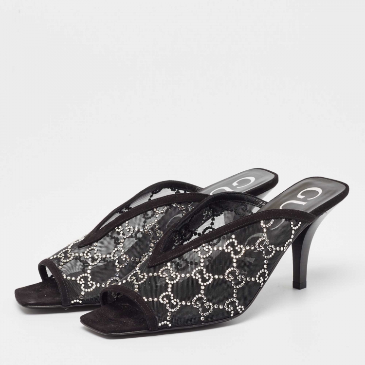 Pre Owned Gucci Black GG Crystal Embellished Mesh Mules Size 39